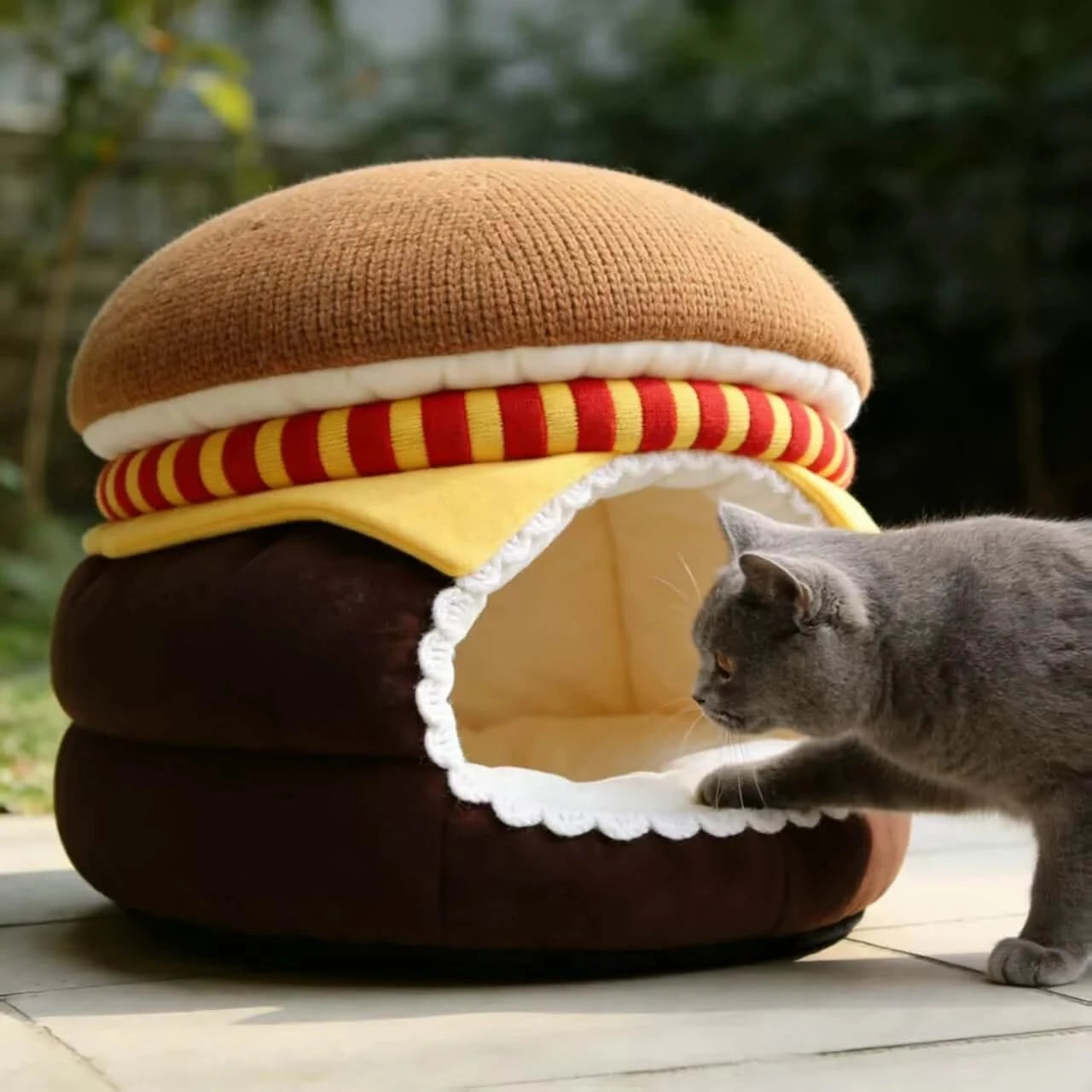 Countertop Cat Bed, Burger Design Cave, Food-Safe Plush, Non-Toxic Material