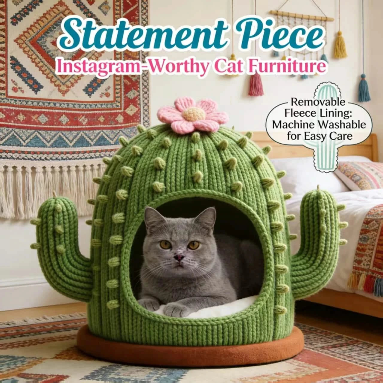 Stylish Cat Bed, Cactus Design Cave,  Green, Machine Washable, Statement Piece