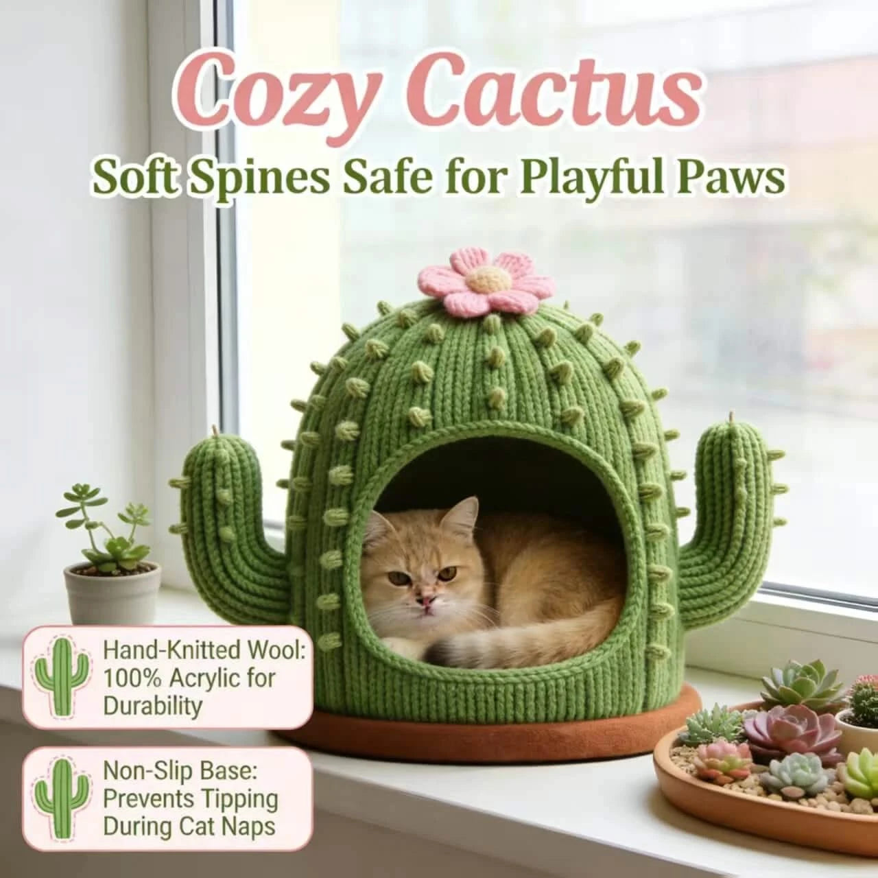 Stylish Cat Bed, Cactus Design Cave,  Green, Machine Washable, Statement Piece