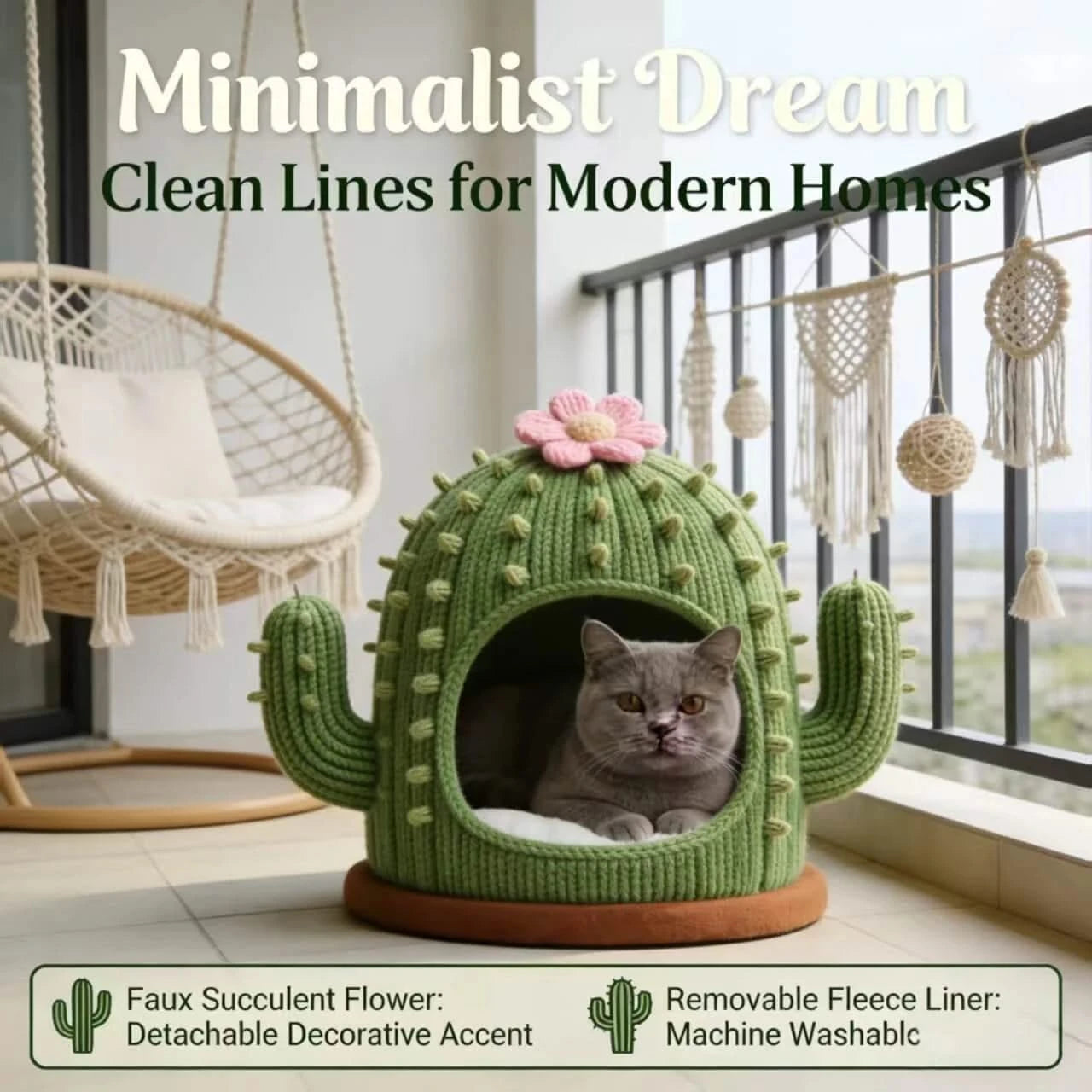 Stylish Cat Bed, Cactus Design Cave,  Green, Machine Washable, Statement Piece