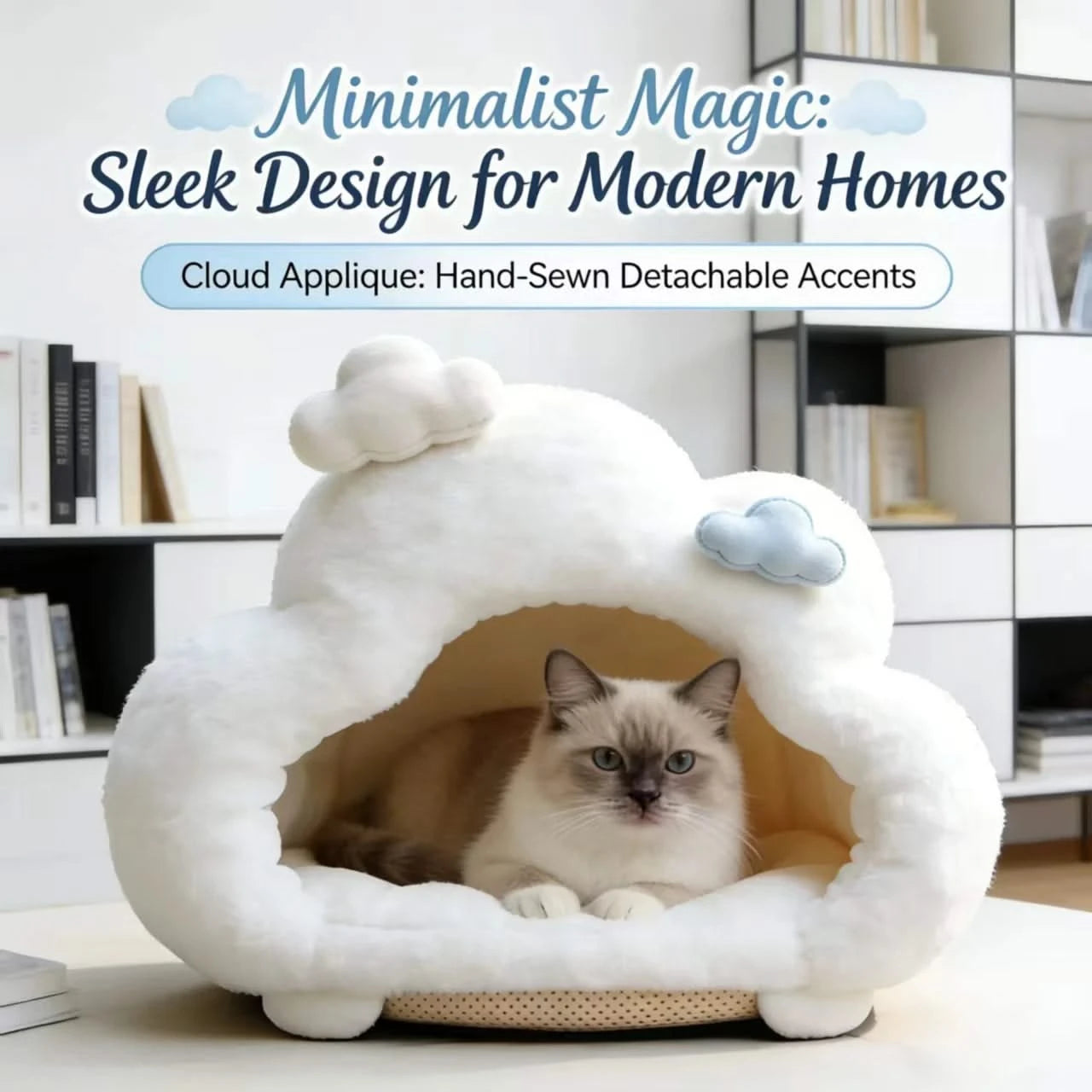 Starry Cat Bed, Cloud Design, Glow Accents, Ultra-Soft Fleece, White, Nighttime Comfort
