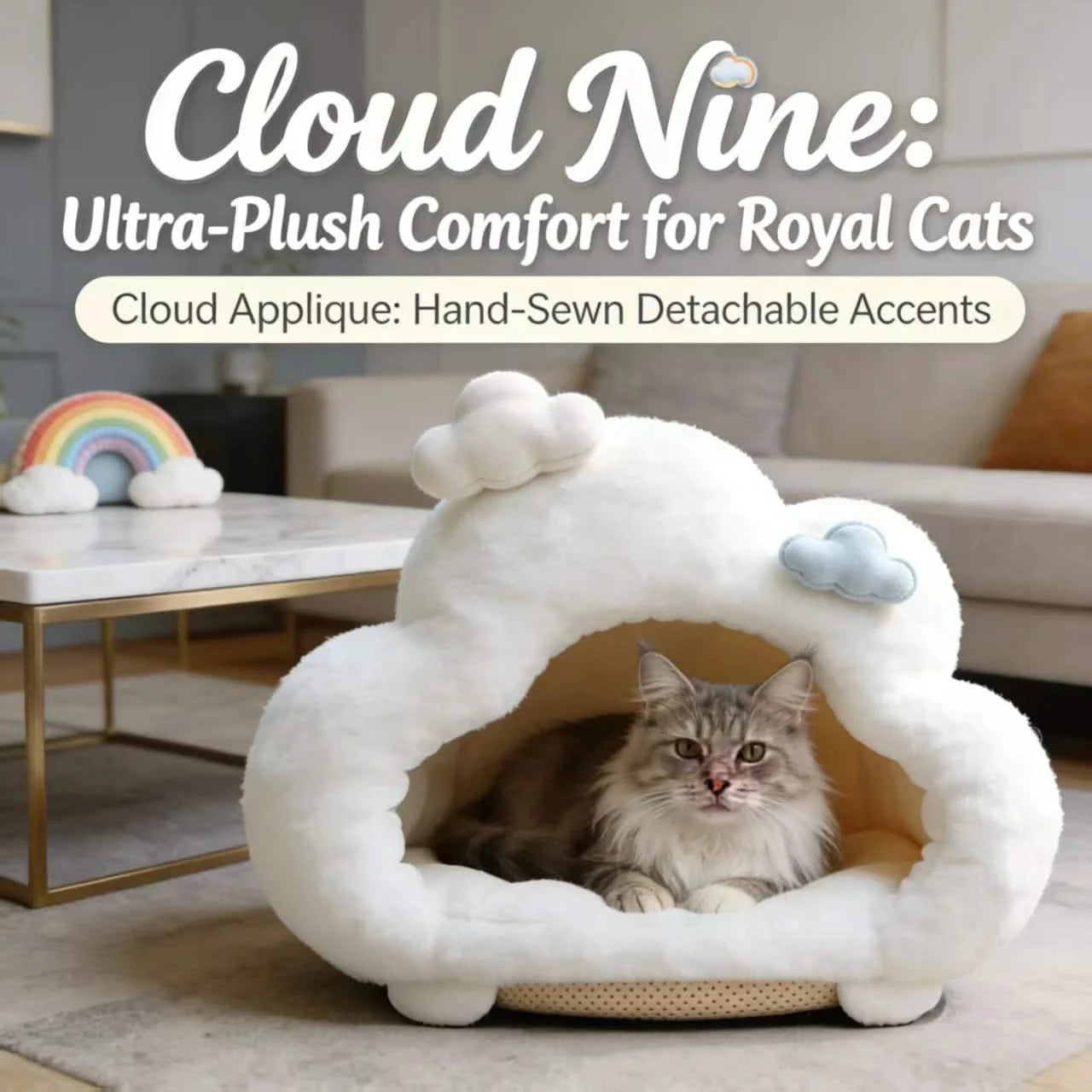 Starry Cat Bed, Cloud Design, Glow Accents, Ultra-Soft Fleece, White, Nighttime Comfort