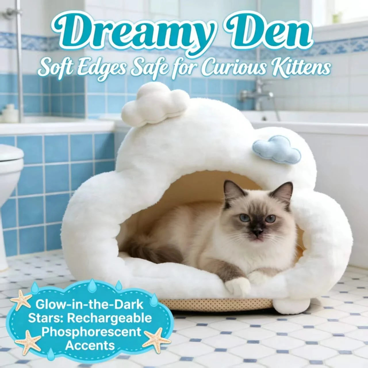 Starry Cat Bed, Cloud Design, Glow Accents, Ultra-Soft Fleece, White, Nighttime Comfort