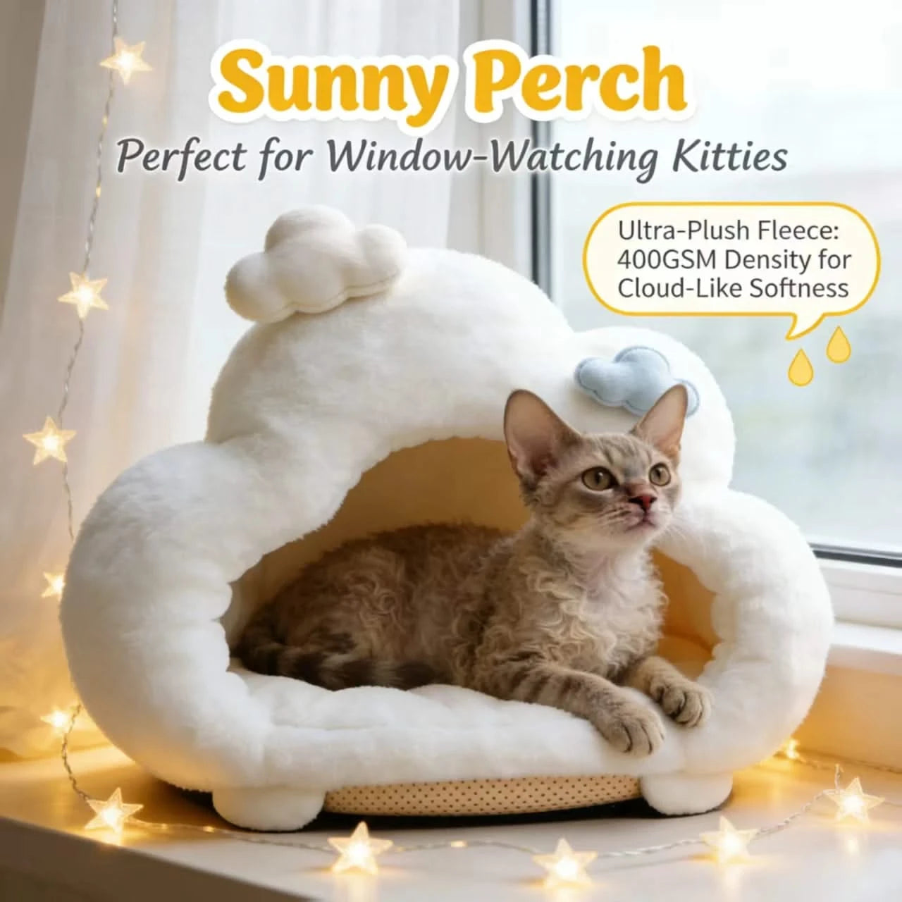 Starry Cat Bed, Cloud Design, Glow Accents, Ultra-Soft Fleece, White, Nighttime Comfort
