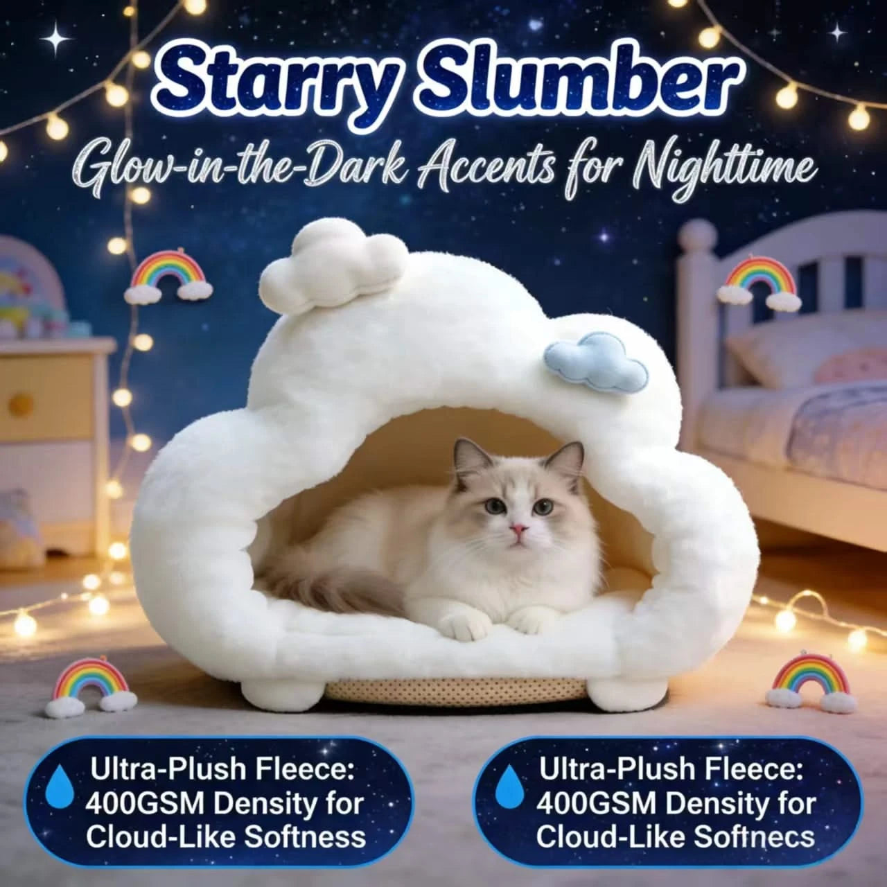 Starry Cat Bed, Cloud Design, Glow Accents, Ultra-Soft Fleece, White, Nighttime Comfort