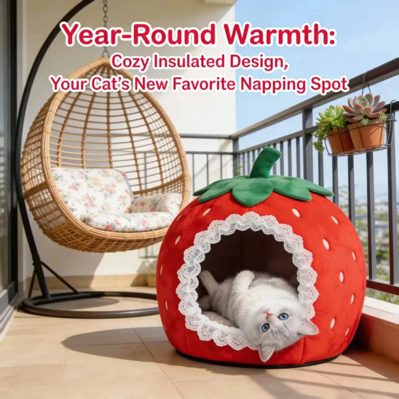 Ultra-Soft Pet Bed for Cats, Strawberry Shape, Fleece Lining, Lace Trim, Red, All-Season