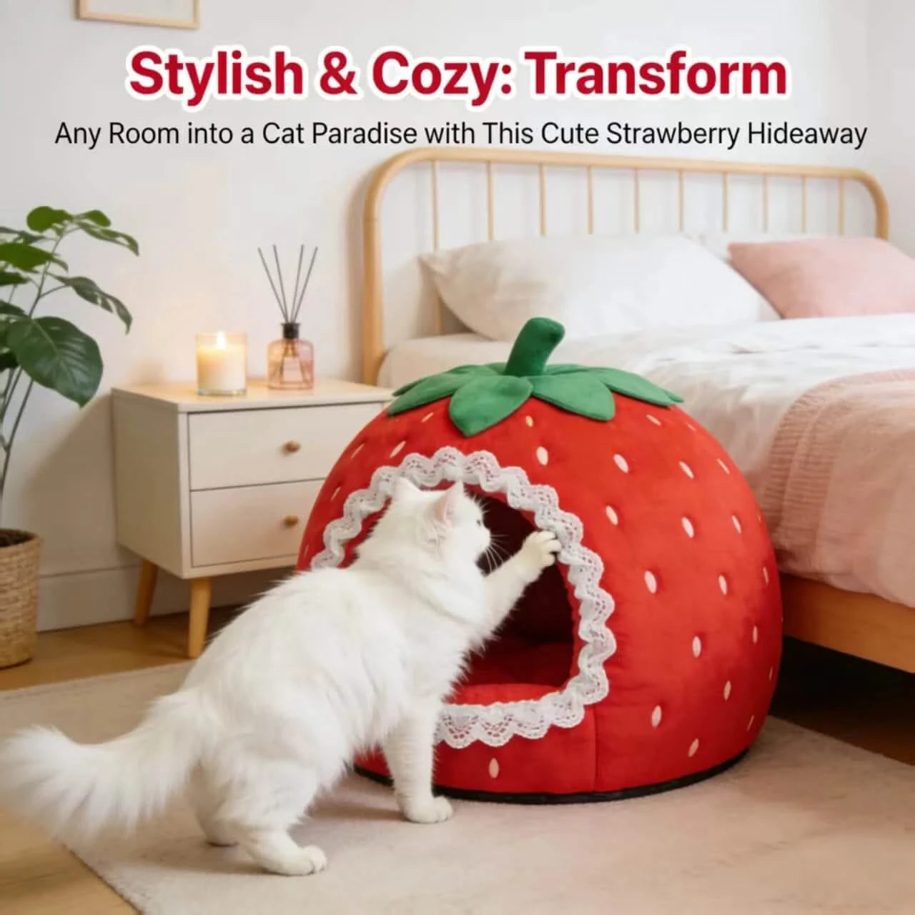 Ultra-Soft Pet Bed for Cats, Strawberry Shape, Fleece Lining, Lace Trim, Red, All-Season