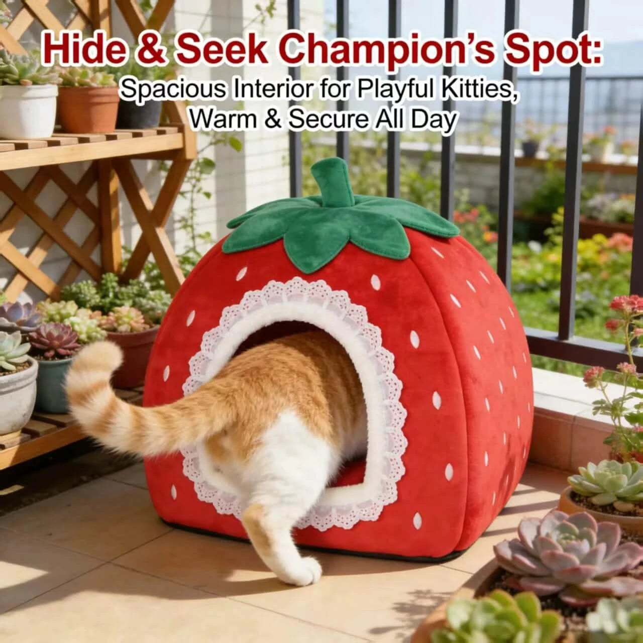 Ultra-Soft Pet Bed for Cats, Strawberry Shape, Fleece Lining, Lace Trim, Red, All-Season