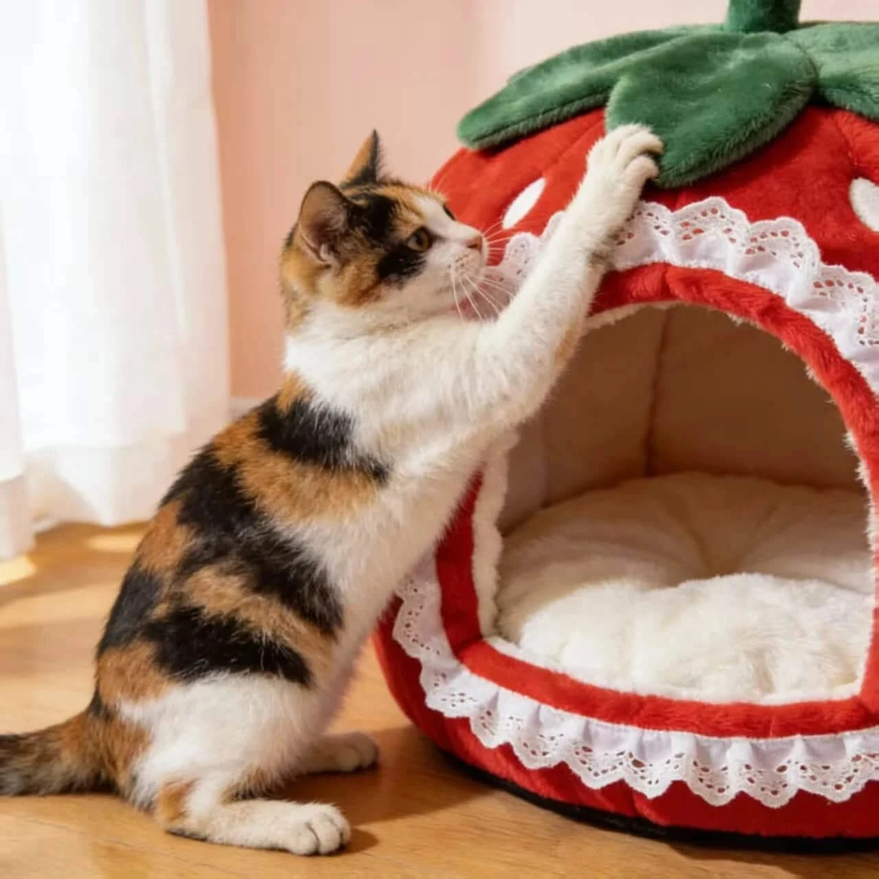Ultra-Soft Pet Bed for Cats, Strawberry Shape, Fleece Lining, Lace Trim, Red, All-Season