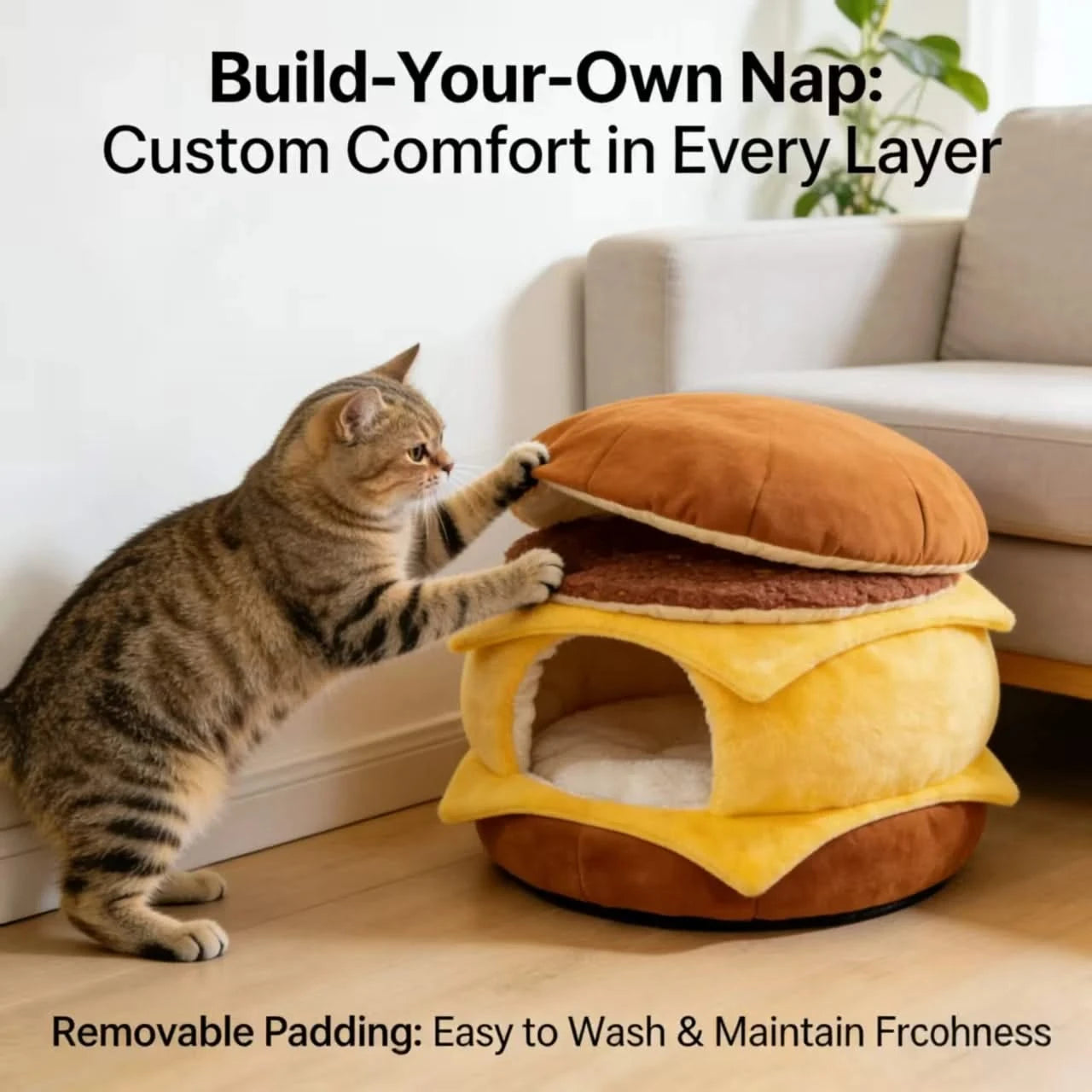 Cozy Cat Bed, Burger with Cheese Design, Soft Plush, Brown/Yellow, Cheesy Nook, All-Season