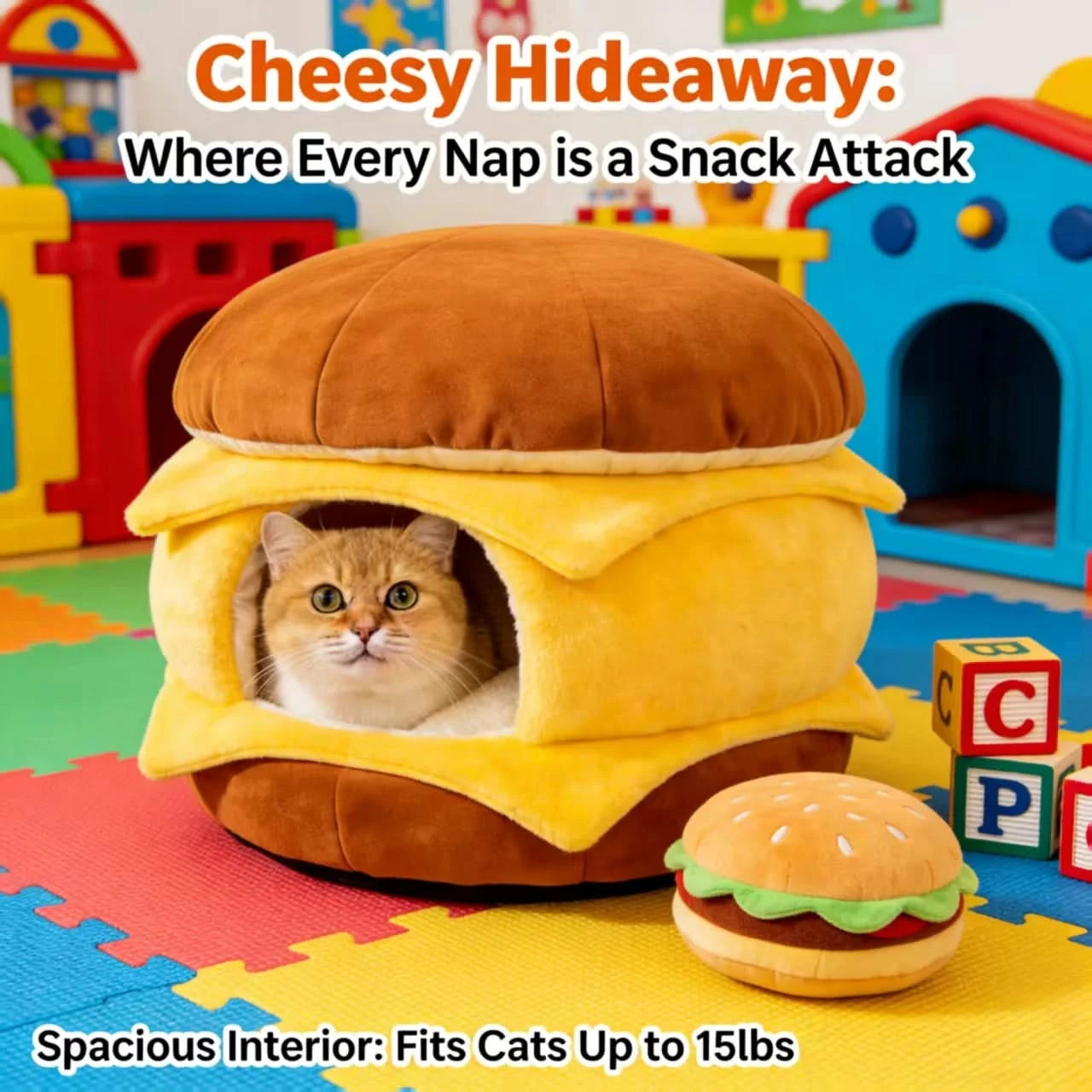 Cozy Cat Bed, Burger with Cheese Design, Soft Plush, Brown/Yellow, Cheesy Nook, All-Season