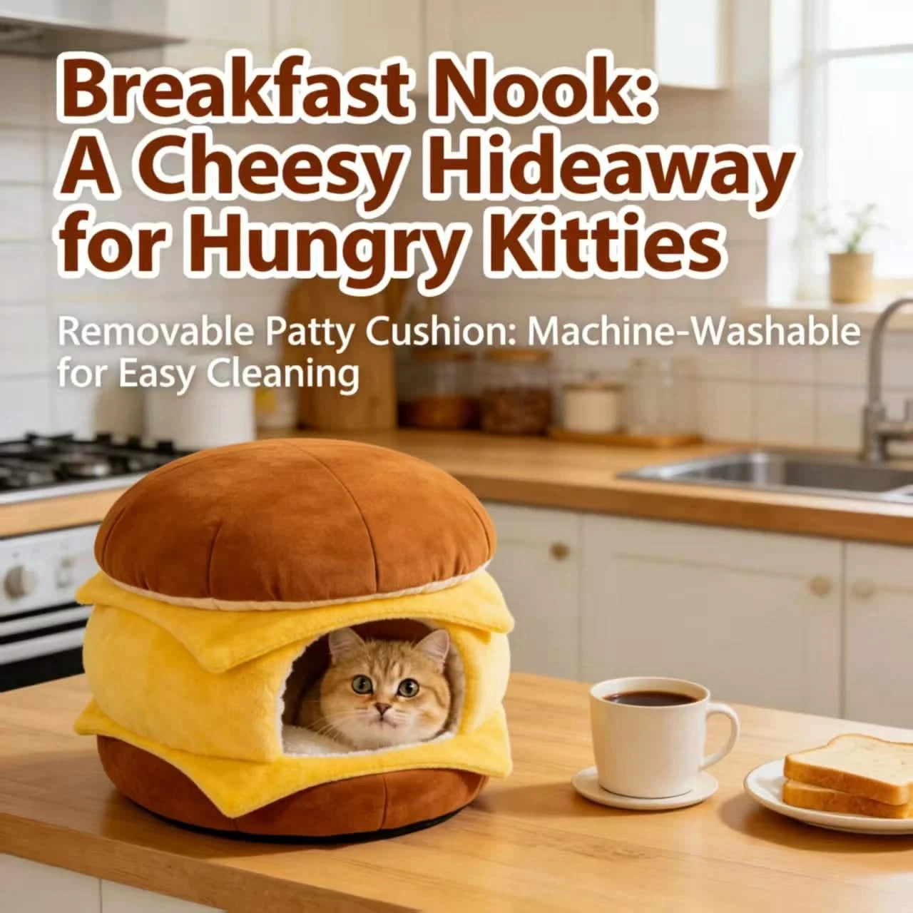  Cozy Cat Bed, Burger with Cheese Design, Soft Plush, Brown/Yellow, Cheesy Nook, All-Season