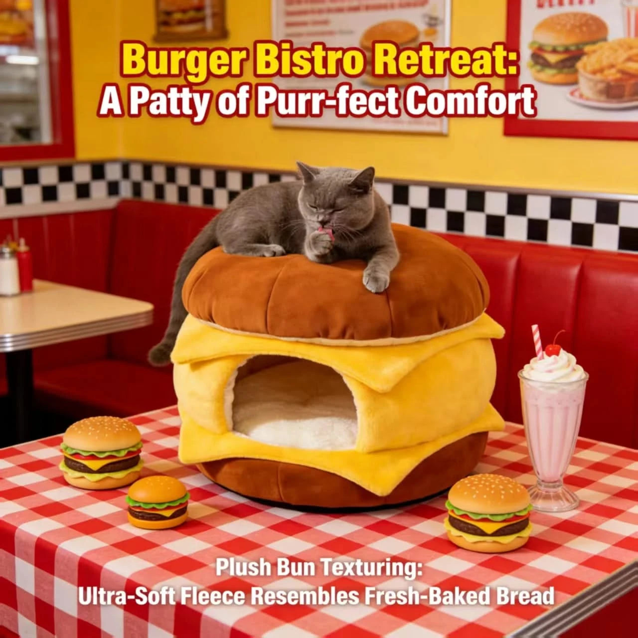  Cozy Cat Bed, Burger with Cheese Design, Soft Plush, Brown/Yellow, Cheesy Nook, All-Season