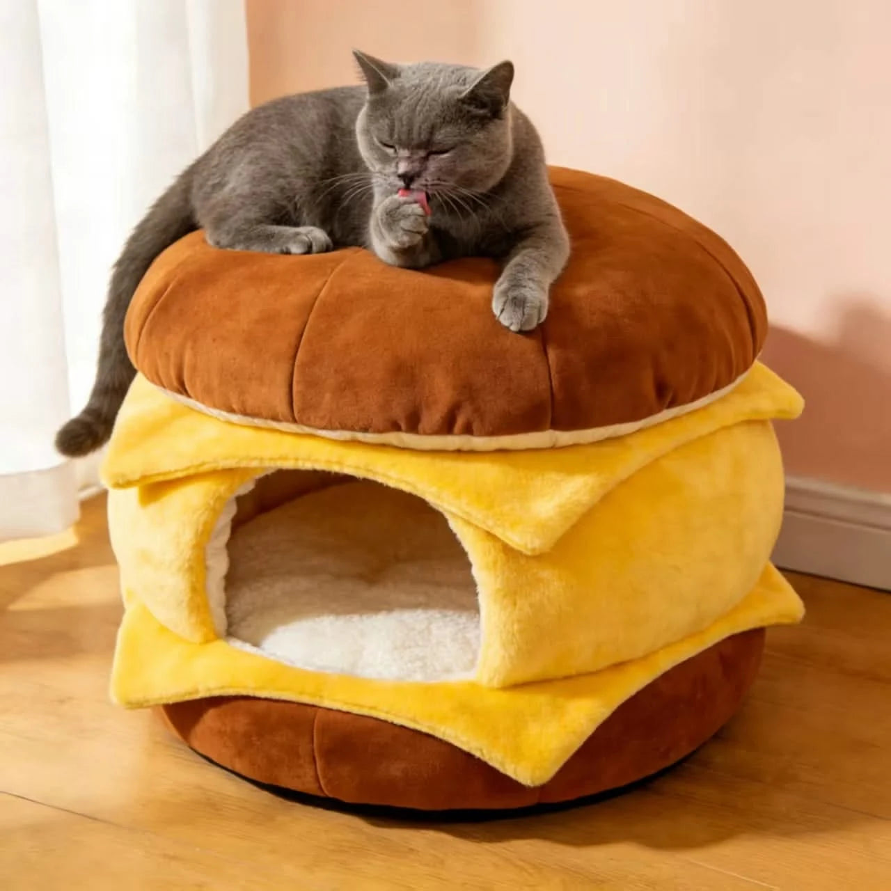  Cozy Cat Bed, Burger with Cheese Design, Soft Plush, Brown/Yellow, Cheesy Nook, All-Season