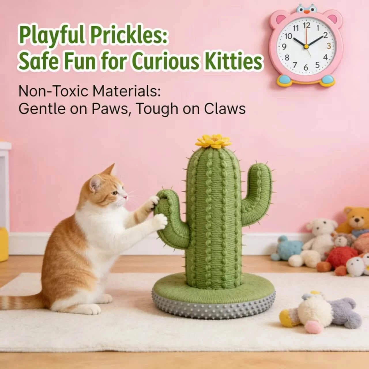 Climbing Cat Scratcher, Cactus Shape, Sturdy Base, Green, Interactive Play, All-Season