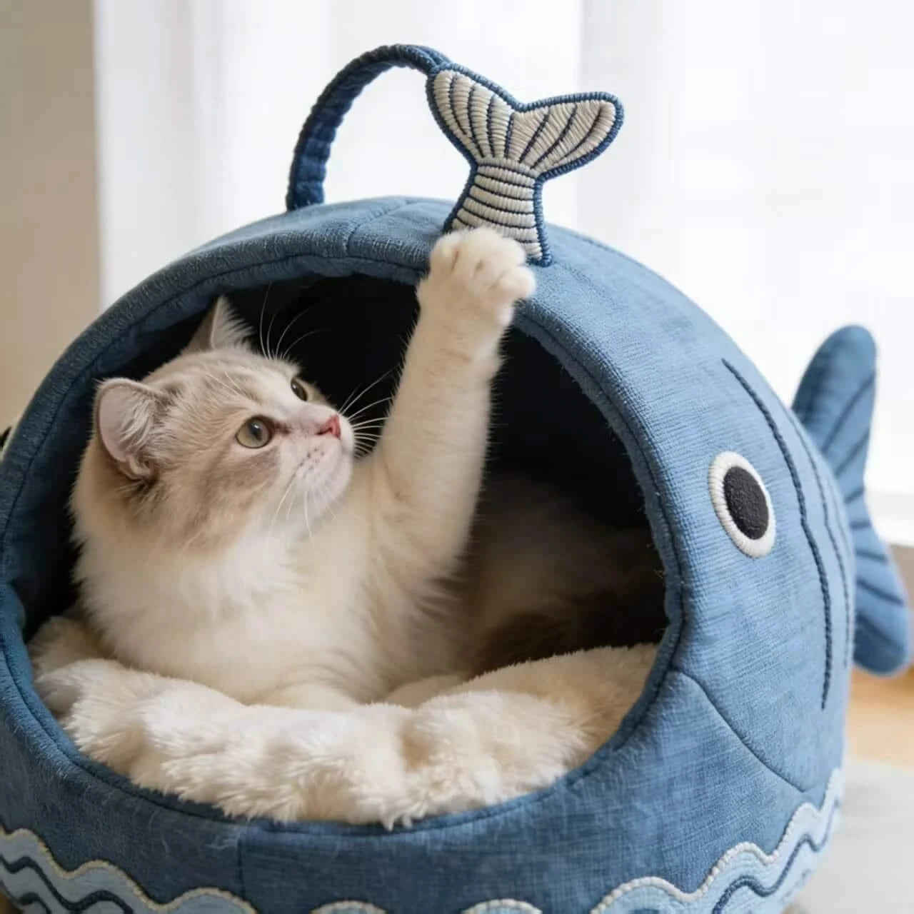 Playful Cat Bed, Whale Cave Design, Canvas Exterior, Entertainment Set, Blue