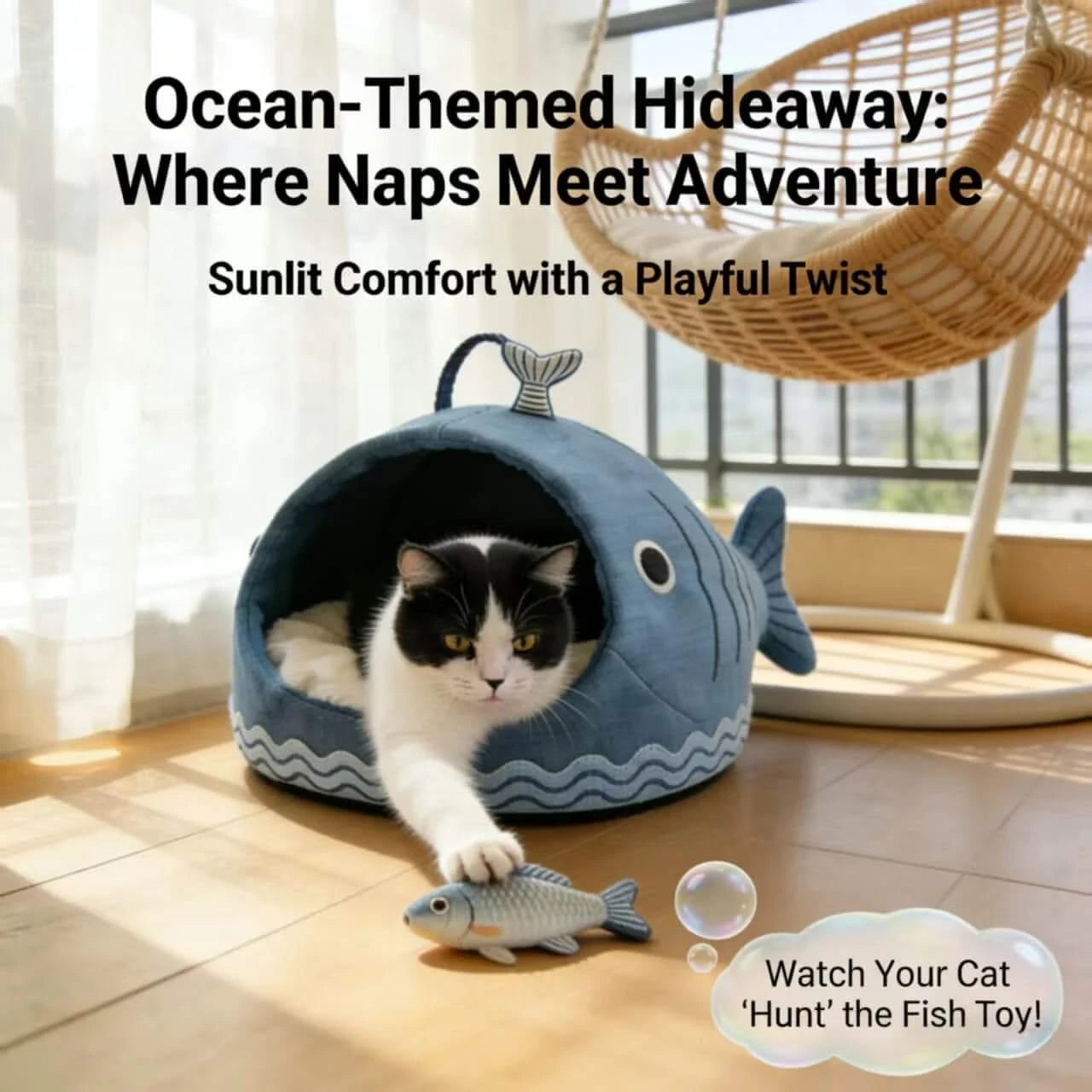 Playful Cat Bed, Whale Cave Design, Canvas Exterior, Entertainment Set, Blue