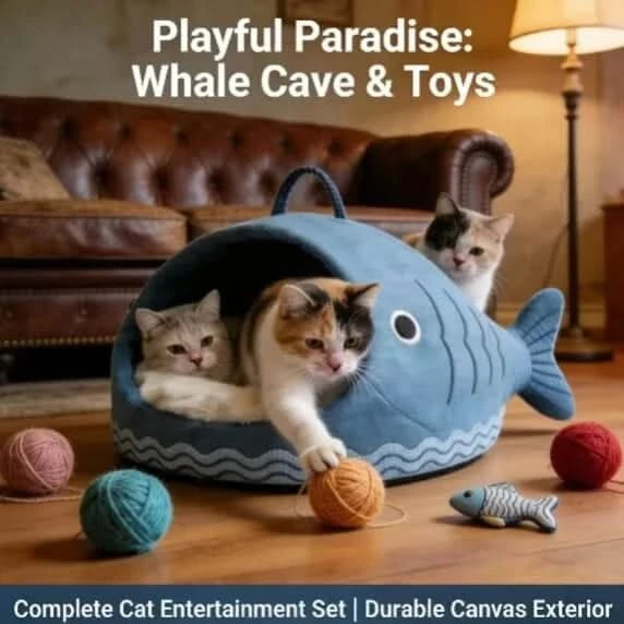 Playful Cat Bed, Whale Cave Design, Canvas Exterior, Entertainment Set, Blue