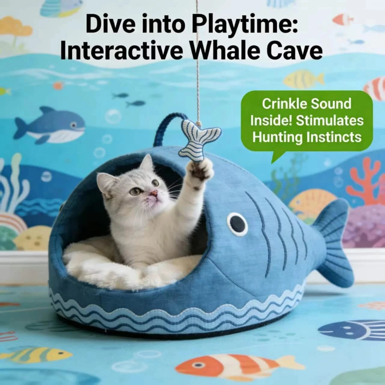 Playful Cat Bed, Whale Cave Design, Canvas Exterior, Entertainment Set, Blue