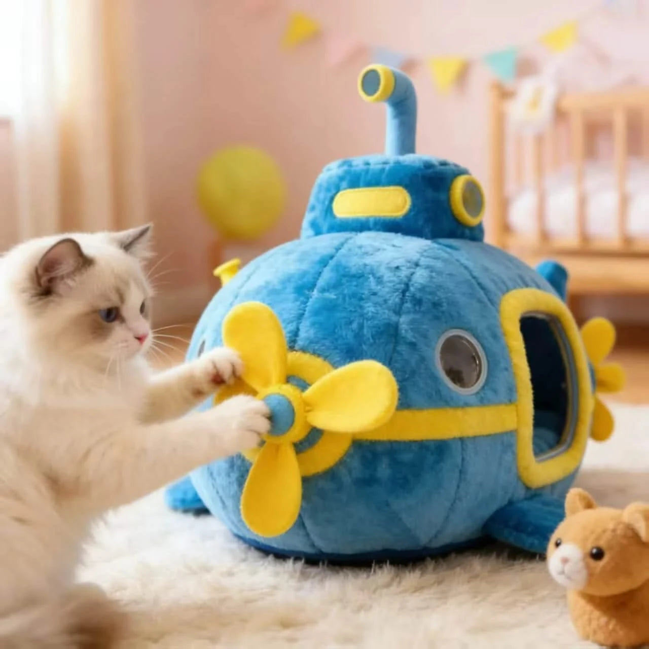 Dreamy Cat Bed, Submarine Shape, Warm Lining, Blue & Yellow, Underwater Themed