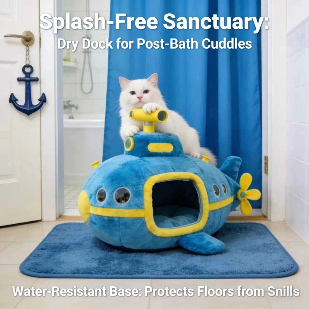 Dreamy Cat Bed, Submarine Shape, Warm Lining, Blue & Yellow, Underwater Themed
