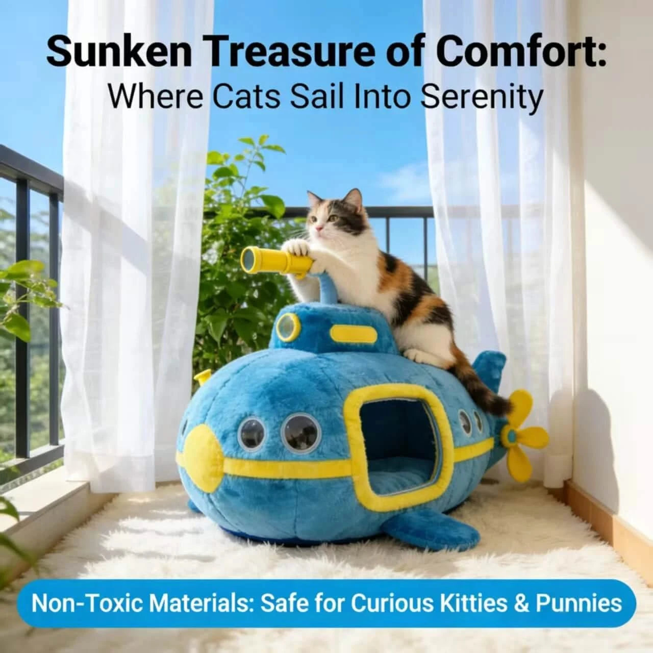 Dreamy Cat Bed, Submarine Shape, Warm Lining, Blue & Yellow, Underwater Themed
