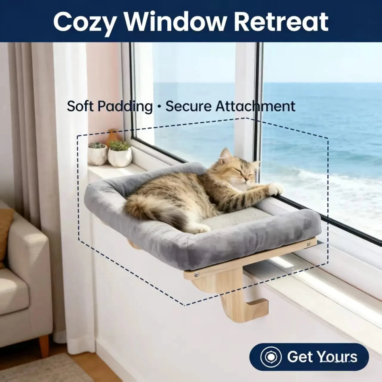 Zakkart Orthopedic Cat Window Perch with Bolster, Sturdy Hardwood Frame, Large Pet Hammock