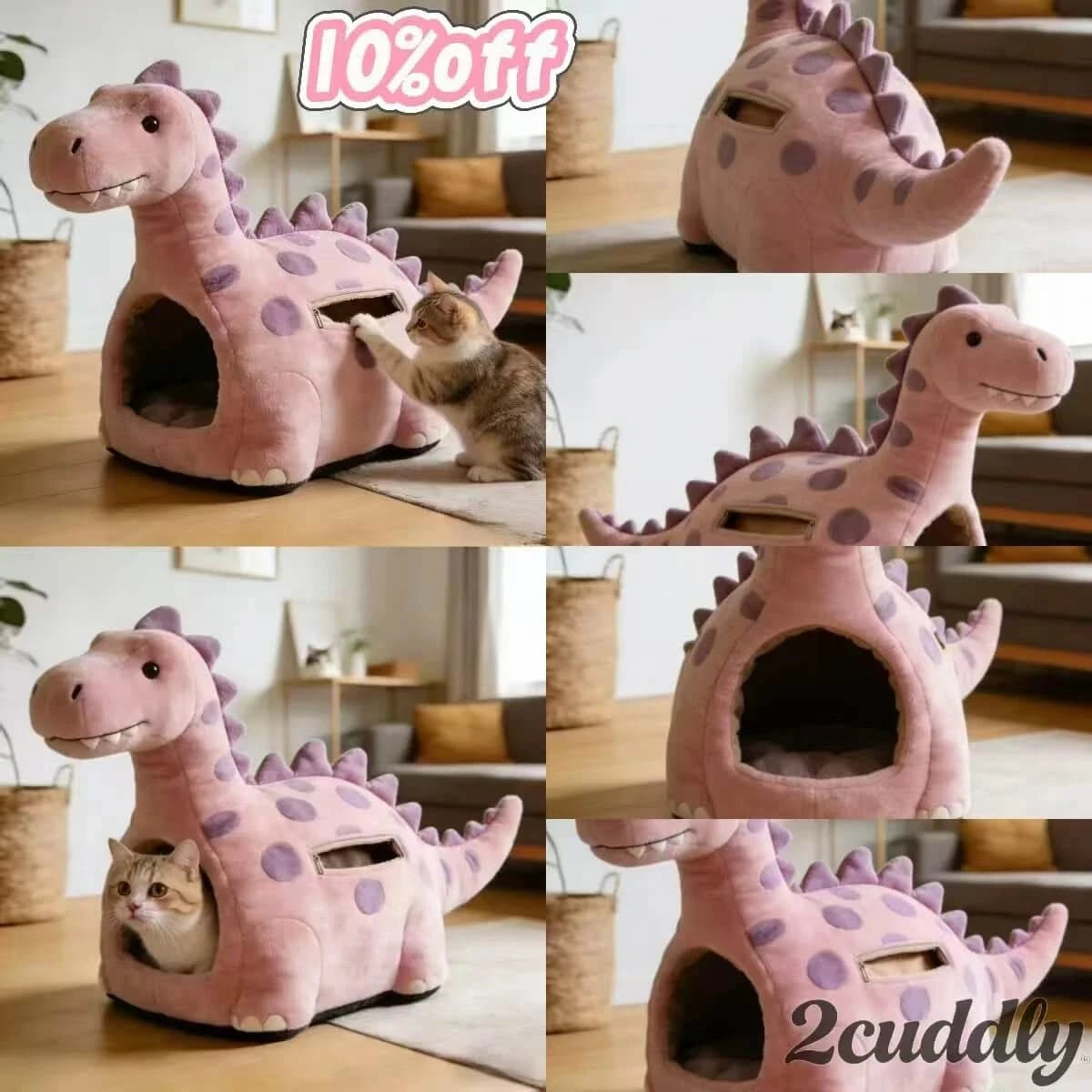 Cozy Cat Bed, Dinosaur Hideaway Design, Plush Fabric, Non-Slip Base, Pink/Purple