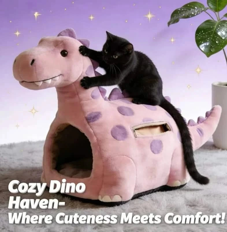 Cozy Cat Bed, Dinosaur Hideaway Design, Plush Fabric, Non-Slip Base, Pink/Purple