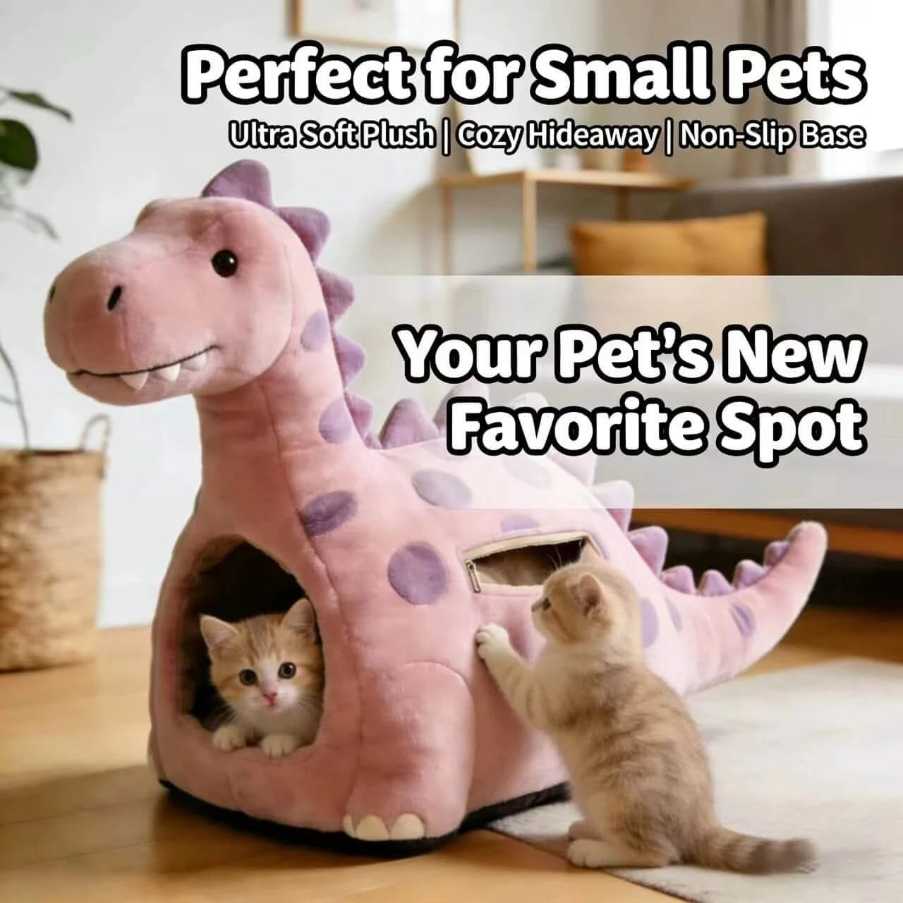 Cozy Cat Bed, Dinosaur Hideaway Design, Plush Fabric, Non-Slip Base, Pink/Purple
