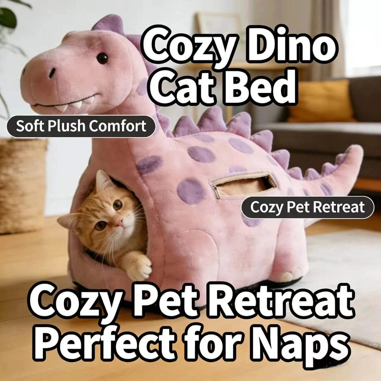 Cozy Cat Bed, Dinosaur Hideaway Design, Plush Fabric, Non-Slip Base, Pink/Purple