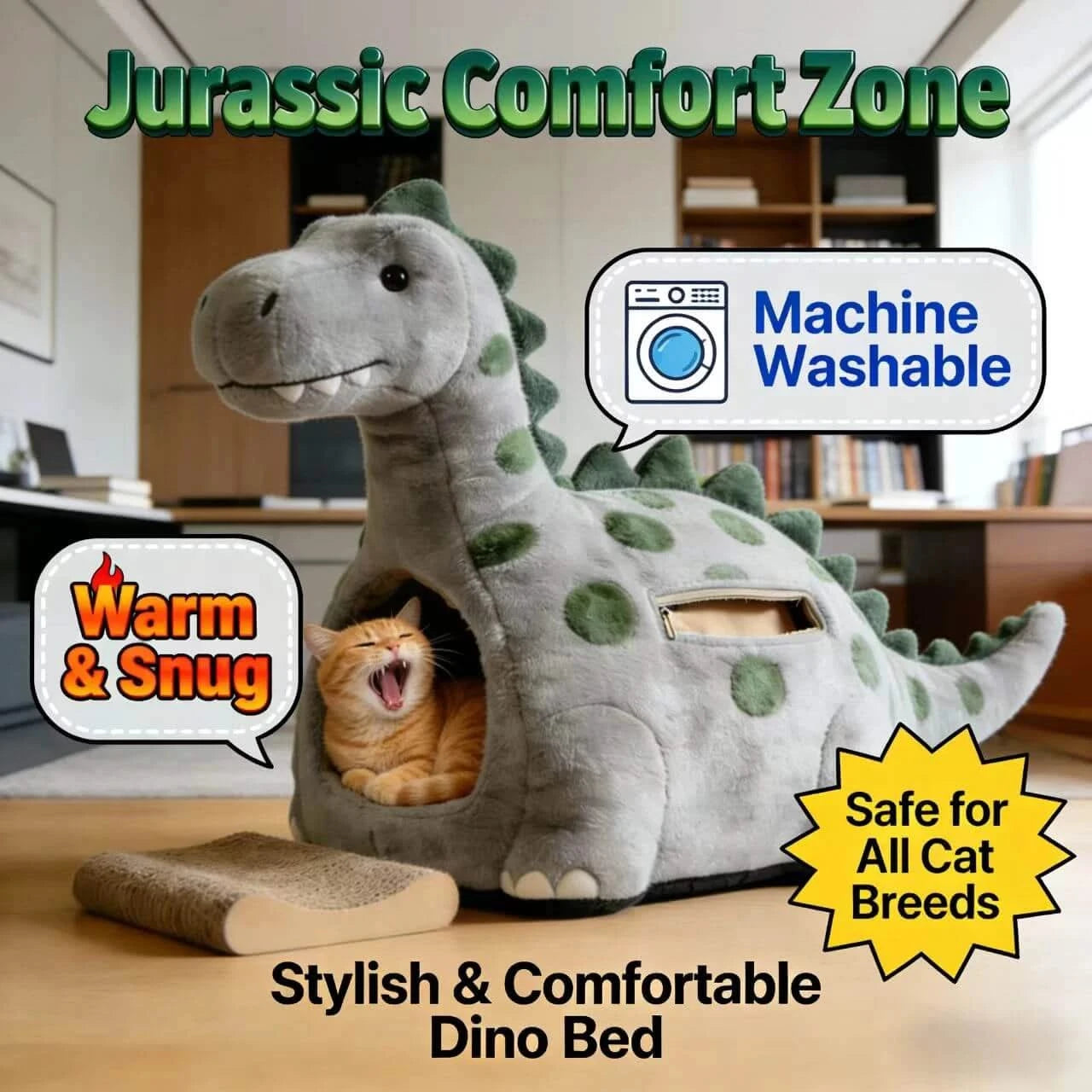 Stylish Cat Bed, Dinosaur Design, Luxe Softness, Gray Polka Dot, Jurassic Comfort Zone