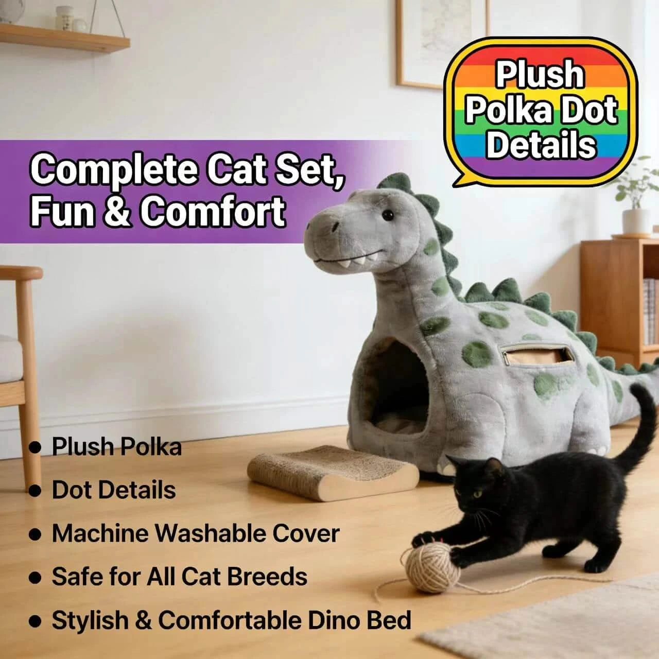 Stylish Cat Bed, Dinosaur Design, Luxe Softness, Gray Polka Dot, Jurassic Comfort Zone