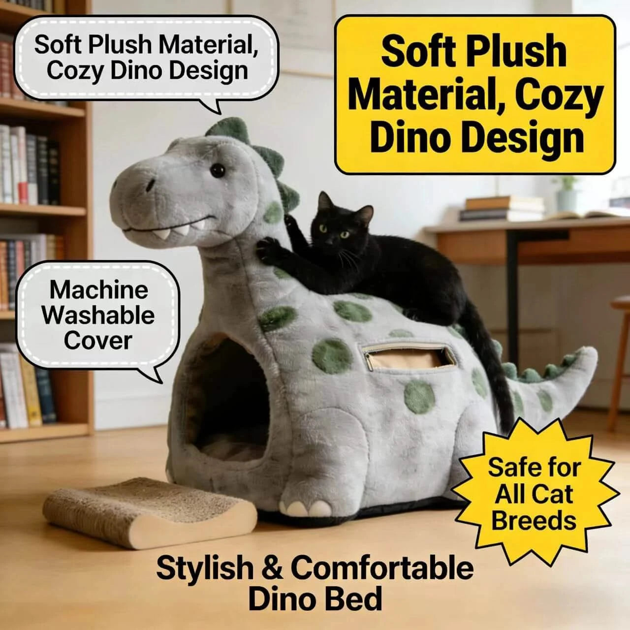 Stylish Cat Bed, Dinosaur Design, Luxe Softness, Gray Polka Dot, Jurassic Comfort Zone