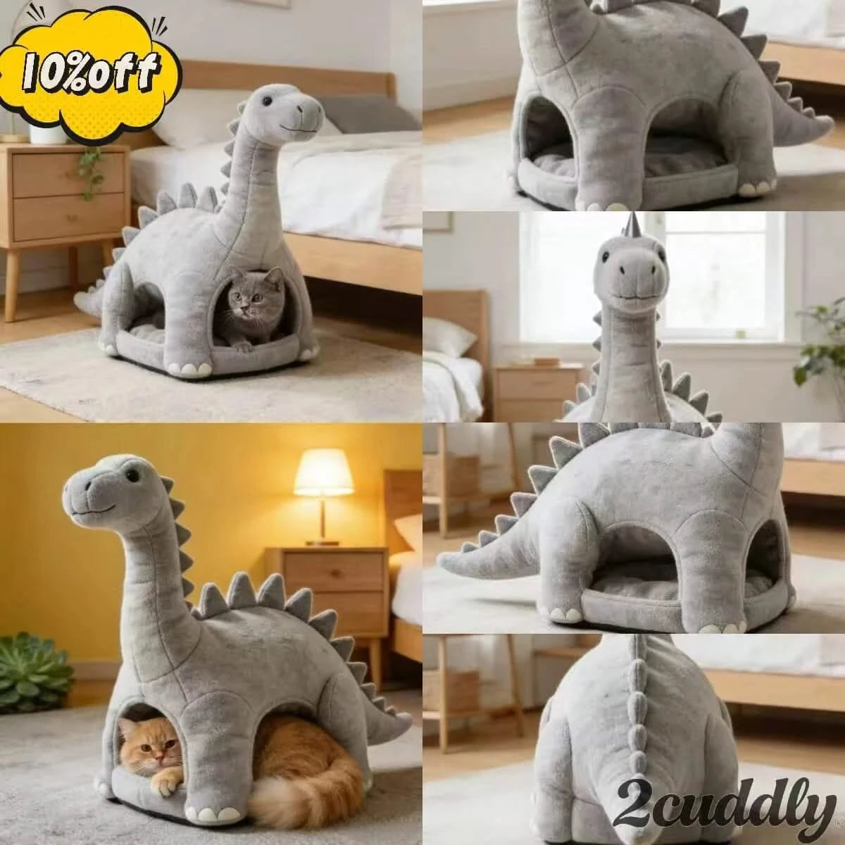Novelty Pet Bed for Cats, Dinosaur Figurine Style, Plush Fabric, Warm, Gray