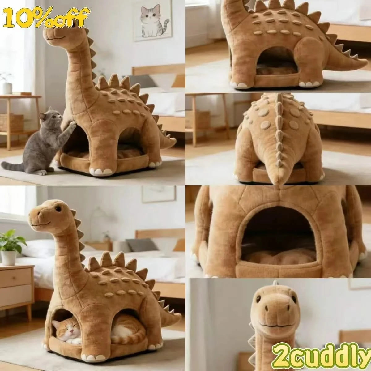 Cuddly Cat Bed, Dinosaur Cave Design, Anti-Slip Bottom, Plush Fabric, Brown