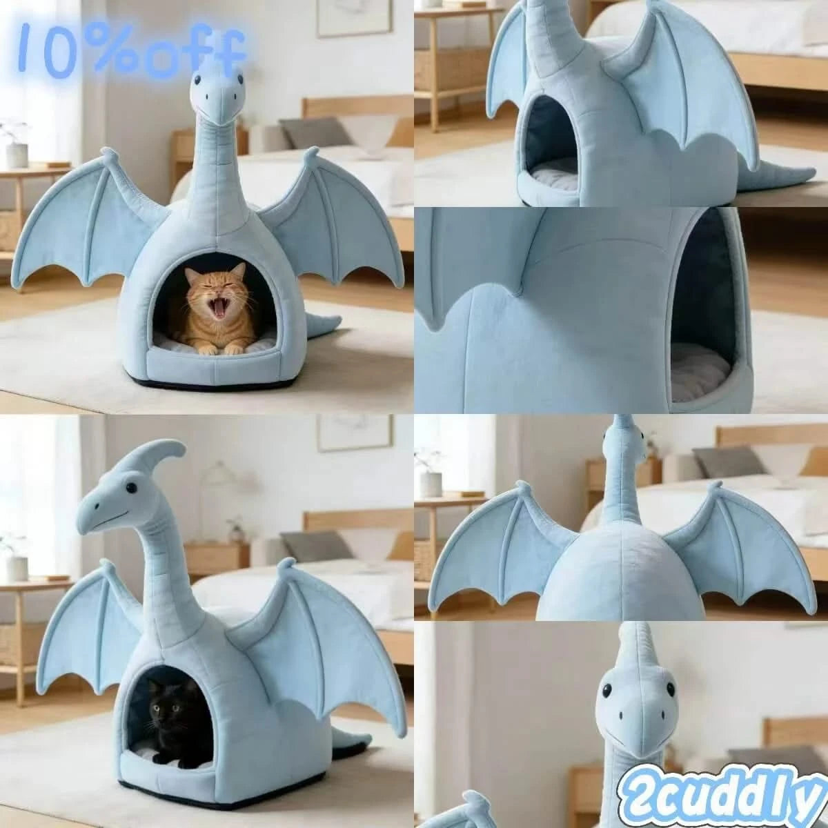 Stylish Cat Bed, Aqua Dragon Nest Design, Reinforced Wings, Blue Fabric, All-Season