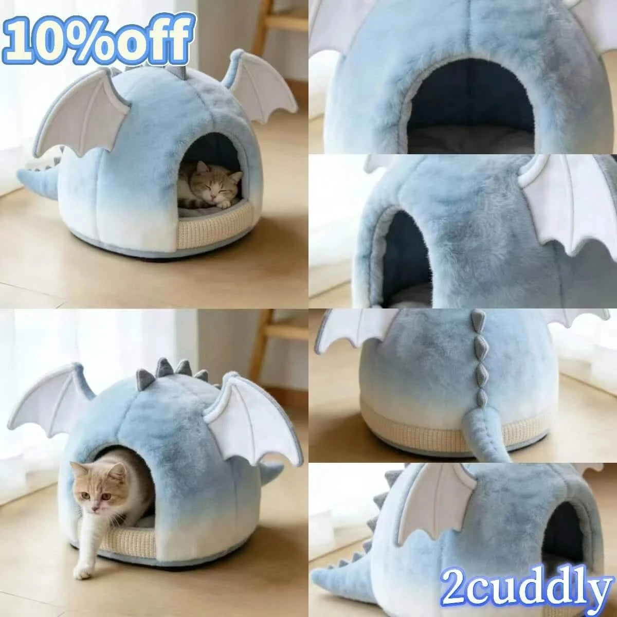 Cat Bed, Dragon Shape, Plush Material, White/Light Blue, Mythical Theme, Dreamy Slumber