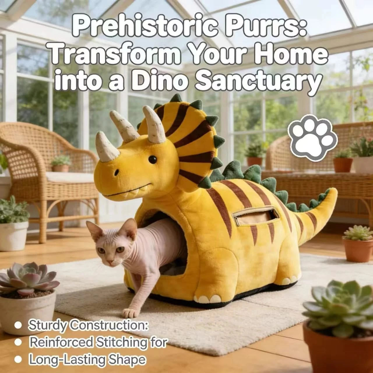 Dino-Themed Cat Bed, Triceratops Design, Plush Material, Yellow, Roaring Comfort, All-Season