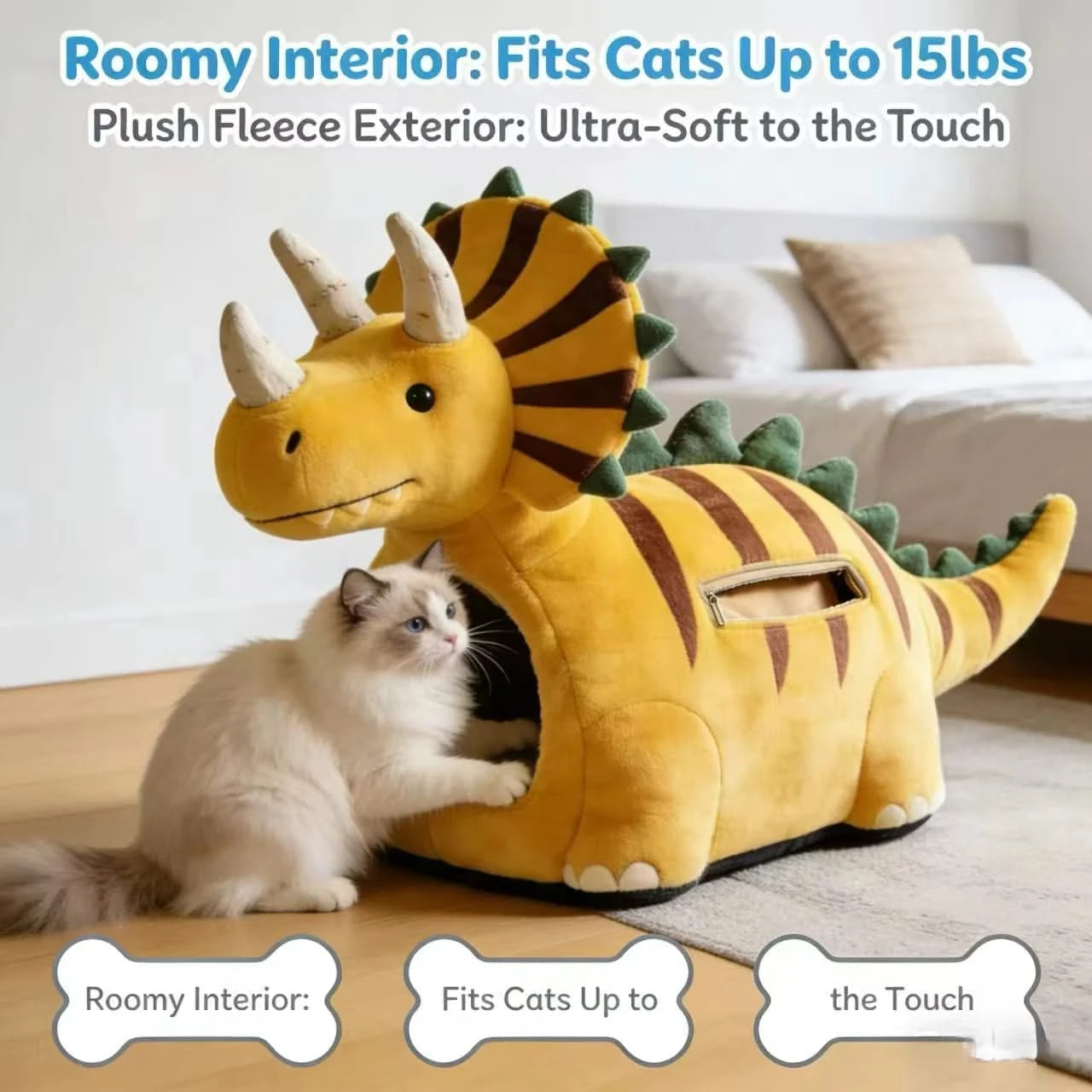 Dino-Themed Cat Bed, Triceratops Design, Plush Material, Yellow, Roaring Comfort, All-Season