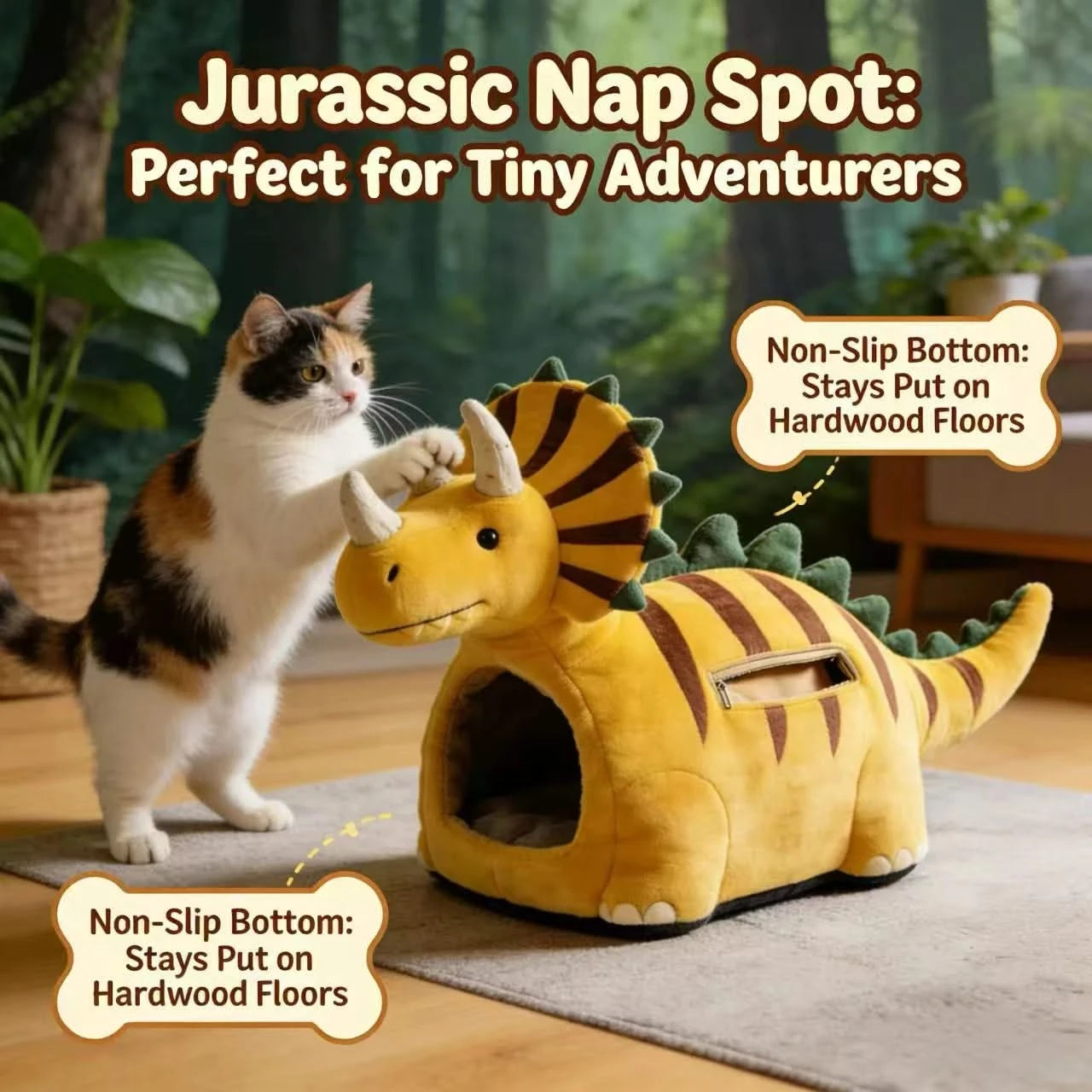 Dino-Themed Cat Bed, Triceratops Design, Plush Material, Yellow, Roaring Comfort, All-Season
