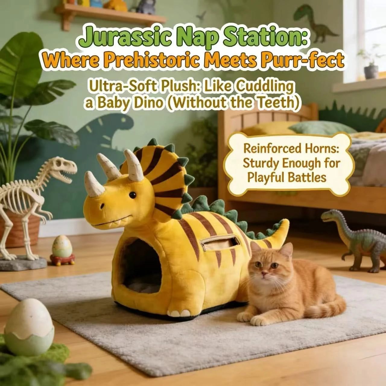 Dino-Themed Cat Bed, Triceratops Design, Plush Material, Yellow, Roaring Comfort, All-Season