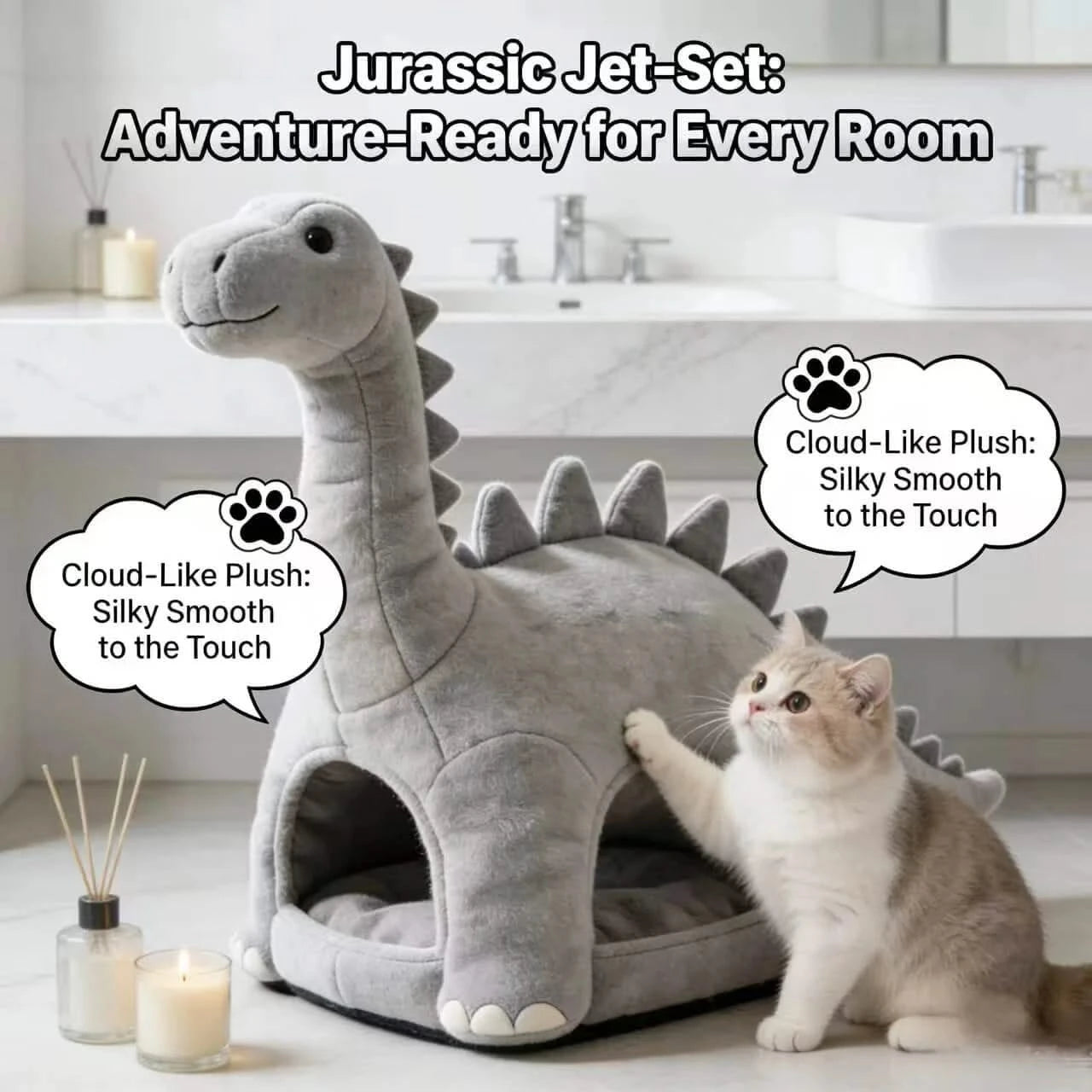 Novelty Pet Bed for Cats, Dinosaur Figurine Style, Plush Fabric, Warm, Gray