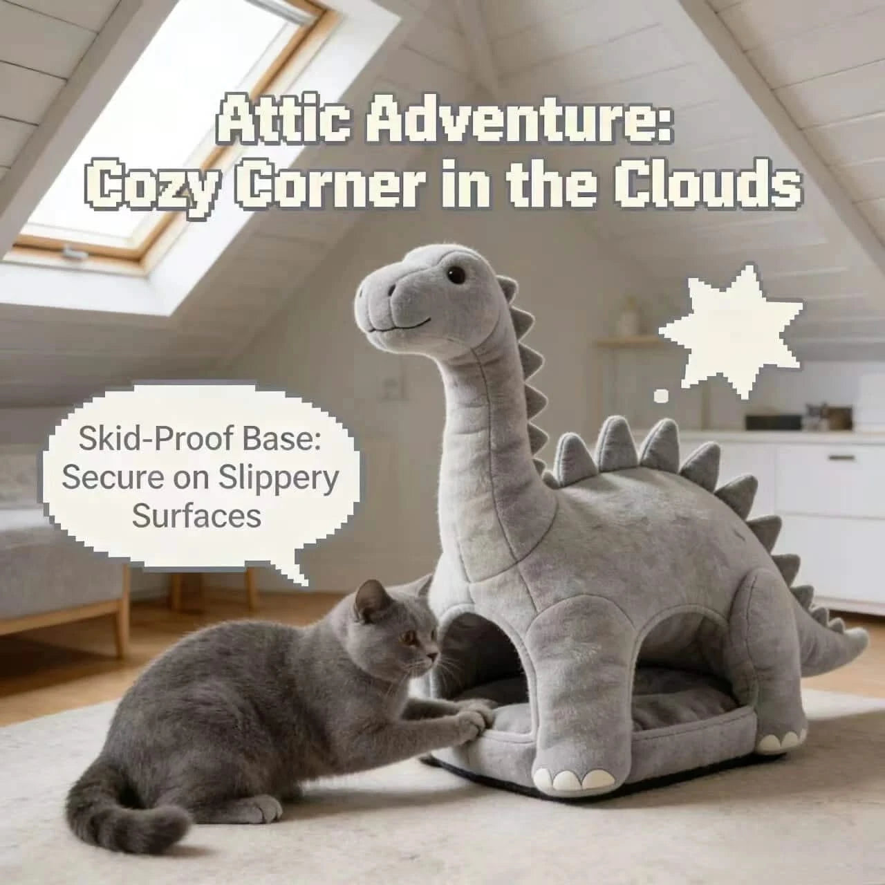 Novelty Pet Bed for Cats, Dinosaur Figurine Style, Plush Fabric, Warm, Gray