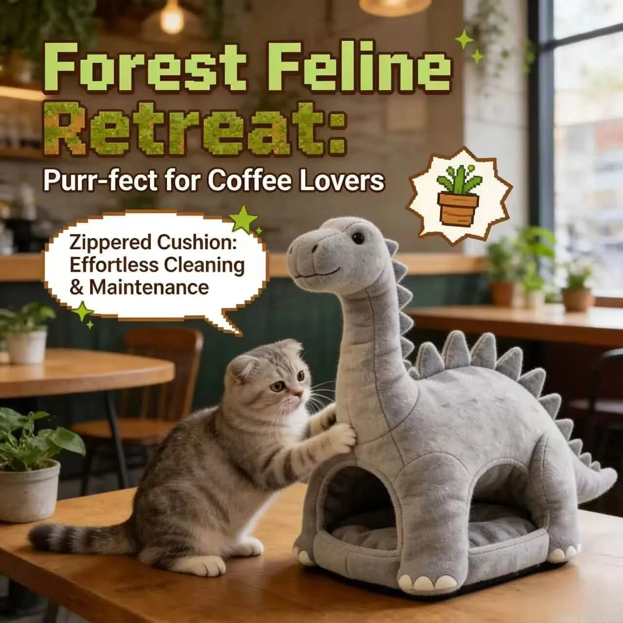 Novelty Pet Bed for Cats, Dinosaur Figurine Style, Plush Fabric, Warm, Gray