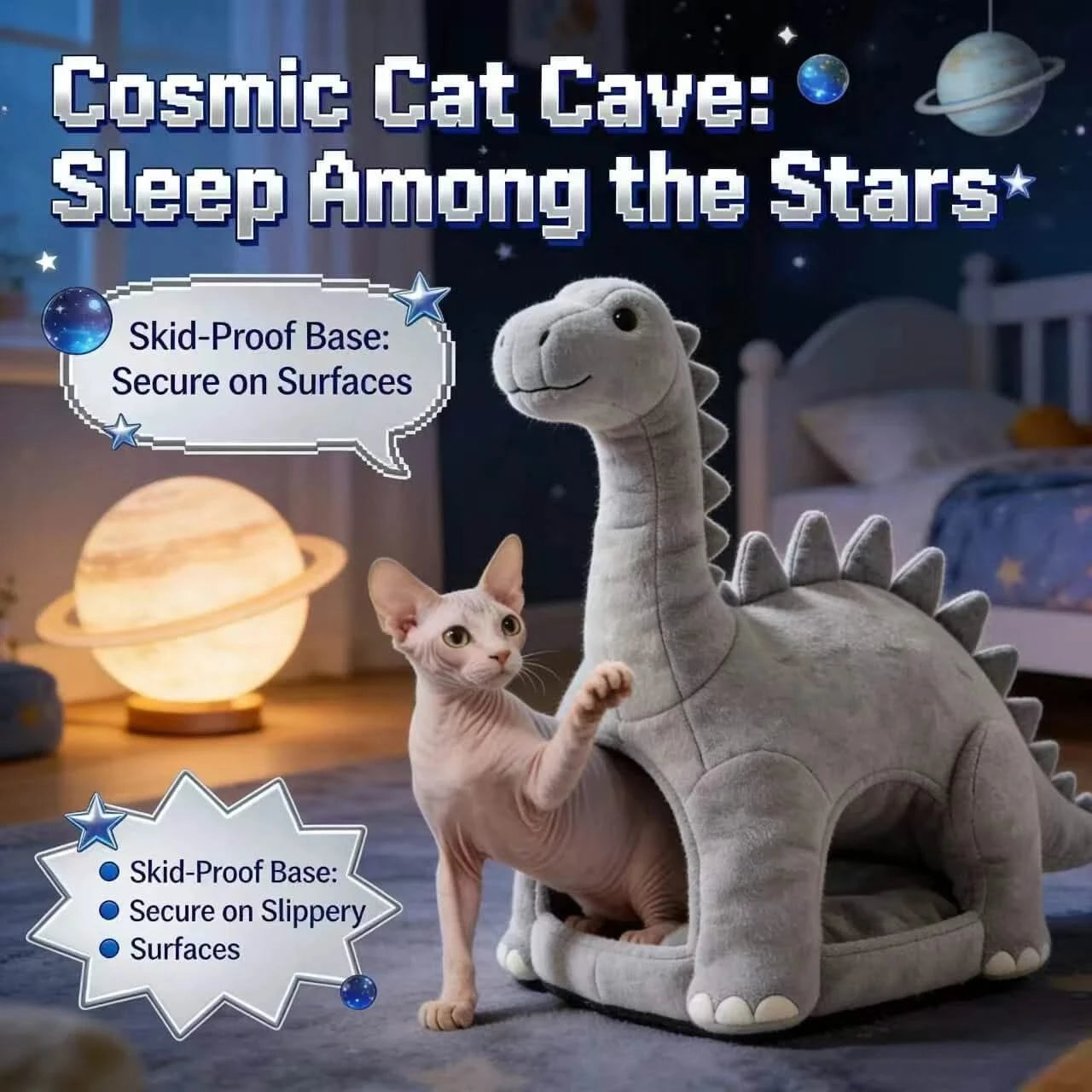 Novelty Pet Bed for Cats, Dinosaur Figurine Style, Plush Fabric, Warm, Gray