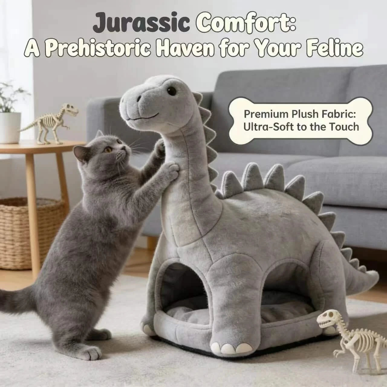 Novelty Pet Bed for Cats, Dinosaur Figurine Style, Plush Fabric, Warm, Gray