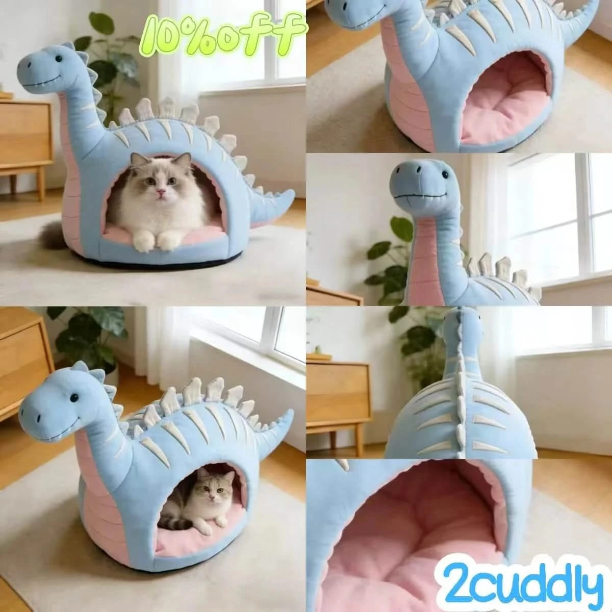 Cat Bed, Dino Shape, Plush Material, Light Blue, Versatile Surface Fit, Cozy Comfort