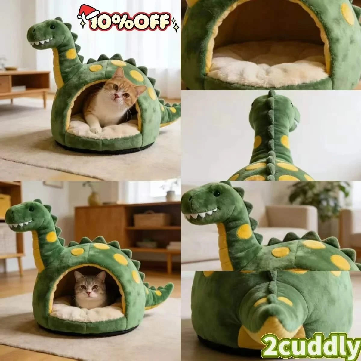 Cozy Cat Bed, Dinosaur Design, Green with Yellow Spots, Plush Material, Jurassic Charm
