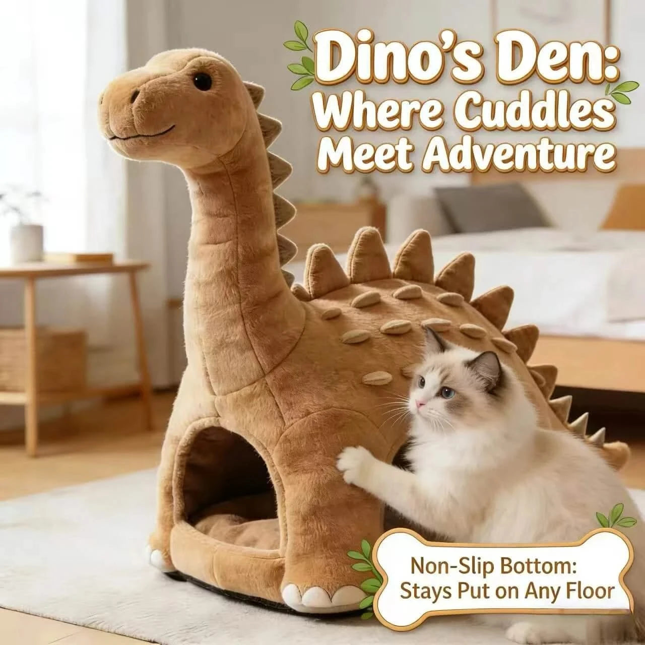 Cuddly Cat Bed, Dinosaur Cave Design, Anti-Slip Bottom, Plush Fabric, Brown